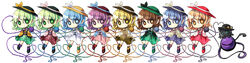  alternate_color animal_ears animalization blonde_hair blue_eyes blue_hair brown_eyes brown_hair chibi closed_mouth commentary_request dress feline female frilled_sleeves frills glowing glowing_eyes green_eyes green_hair hat hat_ribbon heart heart_of_string highres hopeless_masquerade komeiji_koishi komeiji_koishi_(cat) light_purple_hair long_hair long_sleeves pink_eyes pointing purple_eyes purple_hair ribbon simple_background skirt smile third_eye touhou white_background wide_image yellow_eyes ys_(fall) 