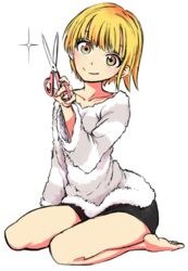  arm_at_side bare_legs barefoot black_shorts blonde_hair blunt_bangs blush closed_mouth collarbone commentary_request dot_nose female full_body fur_sweater green_eyes head_tilt highres holding holding_scissors idolmaster idolmaster_cinderella_girls miyamoto_frederica nakahara_kaihei scissors short_hair shorts simple_background sitting smile solo sparkle straight_hair sweater wariza white_background white_sweater 