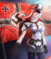  absurdres bad_id bad_pixiv_id black_gloves black_pantyhose black_skirt blonde_hair blue_eyes breasts cross female flag gloves graf_zeppelin_(kancolle) hat highres iron_cross kantai_collection long_hair long_sleeves medium_breasts military_hat miniskirt nazi_war_ensign pantyhose photoshop_(medium) pleated_skirt skirt solo swastika tomiya_(tomiya2117) 