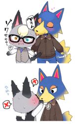  animal_crossing anthro blonde_hair blue_body blue_fur blush canid canine canis clothing domestic_cat duo embarrassed eyewear felid feline felis fur glasses grey_body grey_fur hair heterochromia interspecies jacket licking male male/male mammal nintendo nobinolife raymond_(animal_crossing) tongue tongue_out topwear wolf wolfgang_(animal_crossing) 