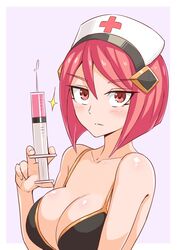  azure_striker_gunvolt azure_striker_gunvolt_2 bikini blush breasts cleavage closed_mouth commentary_request cougar_(cougar1404) female hair_ornament hat large_breasts looking_at_viewer needle nowa_(gunvolt) nurse_cap red_eyes red_hair short_hair solo swimsuit upper_body 