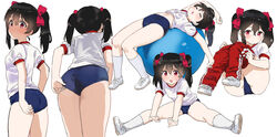  adjusting_buruma adjusting_clothes ass ball black_hair blue_buruma blush buruma exercise_ball female gym_uniform highres kurokawa_makoto looking_at_viewer love_live! love_live!_school_idol_project lying medium_hair midriff multiple_views navel pants red_eyes red_pants shirt simple_background sitting socks split stretching track_pants twintails white_background white_footwear white_shirt white_socks yazawa_nico 