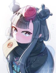  black_eyes black_hair black_kimono black_scarf blunt_bangs blush braid braided_bun bright_pupils double_bun enpera female flat_chest flower from_above hair_behind_ear hair_bun hair_flower hair_ornament highres hololive hololive_english japanese_clothes kimono long_hair looking_at_viewer ninomae_ina&#039;nis ninomae_ina&#039;nis_(new_year) obi official_alternate_hairstyle pointy_ears sash scarf sidelocks smile solo very_long_hair virtual_youtuber white_background white_pupils xi_pu 