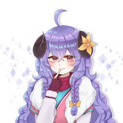  ahoge alternate_eye_color bad_id bad_pixiv_id blue_hair blush braid curled_horns female finger_to_mouth fingerless_gloves flower fur_(clothing) gloves hair_between_eyes hair_flower hair_ornament highres horn_flower horns hyeroin japanese_clothes kindred_(league_of_legends) lamb_(league_of_legends) league_of_legends long_hair no_mask official_alternate_costume official_alternate_hairstyle pointing pointing_at_self purple_hair ribbon side_braid simple_background single_fingerless_glove smile solo spirit_blossom_(league_of_legends) spirit_blossom_kindred twin_braids white_background white_fur 