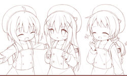  +++ 3girls :d ^_^ ahoge ayanepuna backpack bag beret blush chimame-tai closed_eyes commentary_request gochuumon_wa_usagi_desu_ka? greyscale hair_between_eyes hair_ornament hair_scrunchie hand_up hat holding_strap jouga_maya kafuu_chino kafuu_chino&#039;s_school_uniform long_hair long_sleeves low_twintails monochrome multiple_girls natsu_megumi oerba_yun_fang open_mouth outstretched_arms randoseru school_uniform scrunchie shirt simple_background skirt skirt_set sleeves_past_wrists smile spread_arms twintails very_long_hair vest white_background x_hair_ornament 