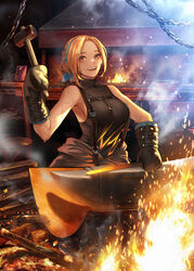  anvil black_mittens blacksmith blonde_hair blue_hairband breasts brown_eyes bucket chains drawing_(object) embers eu_(euspia) female fire forge glowing_hot hairband hammer highres holding holding_hammer jewelry korean_commentary large_breasts looking_at_viewer mittens necklace novel_illustration official_art open_mouth parted_lips regressor&#039;s_instruction_manual ring ring_necklace shirt sleeveless sleeveless_shirt solo steam sweat teeth upper_teeth_only very_sweaty yoo_ahyoung 