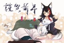  2girls animal animal_ear_fluff animal_ears aqua_eyes bags_under_eyes black_hair black_pantyhose bubble_tea commentary_request dress feline fox_ears fox_tail frilled_skirt frills hand_on_another&#039;s_head highres hololive hood hoodie kotatsu lap_pillow ling_qi_mo_shi long_hair lying mouse_(animal) multicolored_hair multiple_girls off_shoulder official_alternate_costume on_side ookami_mio ookami_mio_(casual) orange_eyes pantyhose red_hair seiza shirakami_fubuki shirakami_fubuki_(street) shirt sitting skirt smile streaked_hair table taiga_(ookami_mio) tail translation_request virtual_youtuber white_hair wolf_ears wolf_girl wolf_tail 