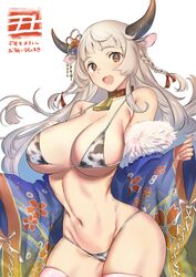  absurdres animal_ears animal_print bell bikini braid breasts brown_eyes cow_ears cow_girl cow_horns cow_print cow_print_bikini female grey_hair hair_ornament happy_new_year highres horns japanese_clothes katase_bono kimono large_breasts looking_at_viewer neck_bell new_year open_clothes open_mouth original print_bikini smile solo stomach swimsuit thighhighs 