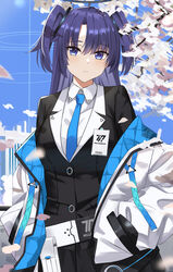  asymmetrical_bangs belt belt_pouch black_skirt black_suit blue_archive blue_jacket blue_necktie breasts building closed_mouth collared_shirt falling_petals female formal gaitoou hair_between_eyes hair_ornament halo hands_in_pockets highres id_card jacket layered_clothes long_hair looking_at_viewer medium_breasts multicolored_clothes multicolored_jacket necktie off_shoulder outdoors petals pouch purple_eyes purple_hair shirt skirt sky solo suit tree two_side_up upper_body white_belt white_jacket white_shirt yuuka_(blue_archive) 