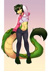  2020 anthro biped blue_eyes bottomwear breasts clothed clothing denim denim_bottomwear denim_clothing digital_media_(artwork) female forked_tongue fur furred_scalie furred_snake green_hair hair jeans lockworkorange navel non-mammal_breasts pants reptile scalie shaded simple_background snake solo standing sweater tail tongue topwear 