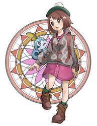  ankle_boots boots brown_eyes brown_footwear brown_hair buttons cardigan collared_dress cross-laced_footwear dress female full_body gloria_(pokemon) green_headwear green_legwear grey_cardigan hat highres lace-up_boots leg_up long_sleeves nishikuromori open_mouth pink_dress pokemon pokemon_(creature) pokemon_on_arm pokemon_swsh short_hair simple_background sobble socks standing standing_on_one_leg swept_bangs tam_o&#039;_shanter white_background 