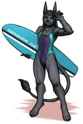  2023 2:3 absurd_res anthro anubian_jackal black_hair blue_hair bulge canid canine canis clothed clothing crossdressing deadman_joe_velasquez dreadlocks eyebrows fur grey_body grey_fur hair hi_res jackal looking_at_viewer male mammal mykegreywolf one-piece_swimsuit solo surfboard swimwear tail tail_tuft tuft yellow_eyes 