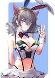  absurdres animal_ears arm_behind_back azur_lane bare_shoulders blush bow bowtie breasts cleavage fake_animal_ears fake_horns female grey_hair hair_ribbon highres horns looking_at_viewer medium_breasts medium_hair miniskirt multicolored_hair nail_polish navel playboy_bunny purple_eyes rabbit_ears red_nails ribbon san_francisco_(azur_lane) san_francisco_(funny_bunny!)_(azur_lane) sankyo_(821-scoville) simple_background skirt smile solo suspender_skirt suspenders suspenders_pull white_skirt 