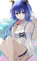  absurdres alternate_costume arknights bikini blue_hair breasts ch&#039;en_(arknights) cleavage collar criss-cross_halter detached_collar dragon_horns feet_out_of_frame female food halterneck hands_up highres holding holding_food holding_ice_cream horns ice_cream innertube long_hair low_twintails medium_breasts popsicle qianzhu simple_background sitting solo swim_ring swimsuit thigh_strap twintails water watermelon_bar white_background white_bikini white_collar 