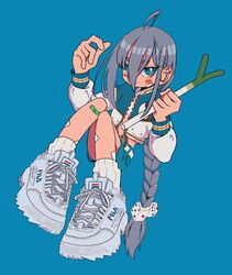  ahoge bandaid bandaid_on_cheek bandaid_on_face bandaid_on_knee bandaid_on_leg blue_background blue_eyes blue_shorts blush_stickers braid closed_mouth cropped_jacket dice_hair_ornament female fila food full_body grey_hair hair_between_eyes hair_ornament hair_over_one_eye highres holding holding_food holding_spring_onion holding_vegetable jacket knees_up long_bangs long_hair long_sleeves looking_at_viewer nao97122 open_clothes open_jacket original shoes shorts simple_background single_braid sitting sneakers socks solo spring_onion streetwear thick_eyebrows vegetable very_long_hair white_footwear white_socks zipper zipper_pull_tab 