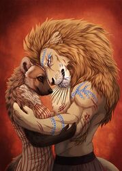  2017 anthro arm_markings arm_scar arm_tuft blood blood_on_arm blood_on_chest blue_markings bodily_fluids bottomwear breasts brown_body brown_fur closed_eyes clothed clothing compassion digital_media_(artwork) dress duo elbow_tuft eye_scar facial_markings facial_scar felid female fur hand_on_arm hand_on_shoulder head_markings heads_together hi_res hug hyena inner_ear_fluff interspecies jewelry kippycube larger_male lion looking_at_another looking_at_partner male male/female mammal mane markings necklace notched_ear pantherine passionate romantic romantic_couple scar shoulder_markings size_difference smaller_female smile spots spotted_body spotted_fur spotted_hyena standing tan_body tan_fur topless topless_male tribal tribal_markings tuft whiskers 