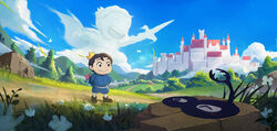  2boys :&gt; absurdres black_footwear black_hair blue_sky blurry blush bojji bokeh cape castle closed_eyes cloud crown cumulonimbus_cloud curly_hair depth_of_field dirt_road face_cloud fantasy field flower grey_eyes highres holding holding_behind_back kage_(ousama_ranking) long_sleeves male_focus mountain mountainous_horizon multiple_boys ousama_ranking outdoors pagoda97 pants parted_lips red_flower road scenery shoes short_hair sky smile sword teeth tower tree upper_teeth_only weapon white_flower white_pants wind 