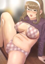  argyle_bikini argyle_clothes arm_support bikini bikini_under_clothes black-framed_eyewear blunt_bangs blurry blurry_background blush breasts breasts_apart clothes_lift commentary dot_nose eyepatch_bikini feet_out_of_frame female glasses hairband highres light_brown_hair long_sleeves looking_at_viewer mole mole_on_crotch mole_under_mouth navel open_mouth original pink_bikini plump purple_shirt ryokucha_michi shirt shirt_lift sidelocks sitting solo strapless strapless_bikini swimsuit thick_thighs thighs tsurime v-neck 