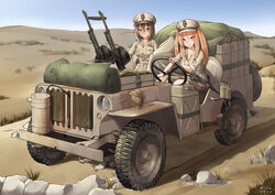  2girls absurdres africa blue_sky breast_pocket brown_eyes brown_hair brown_headwear brown_shirt brown_shorts car chinese_commentary commentary_request day desert driving gun hat highres jeep kangri_jian light_brown_hair long_hair military military_uniform motor_vehicle multiple_girls original outdoors peaked_cap pocket rock sand shirt shorts sky special_air_service sten_gun submachine_gun uniform united_kingdom vehicle_focus vickers_k weapon world_war_ii 