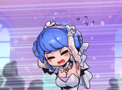  :o armpits arms_on_head arms_up bare_shoulders blue_hair blush breasts bride cleavage closed_eyes commentary crystal_rose_sona double_bun female flying_sweatdrops hair_bun heart indoors large_breasts league_of_legends motion_lines phantom_ix_row short_hair solo sona_(league_of_legends) symbol-only_commentary window 