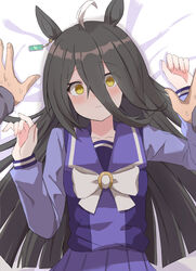  ahoge animal_ears bed_sheet black_hair blush bow bowtie closed_mouth earrings female hair_between_eyes highres horse_ears horse_girl jewelry long_hair long_sleeves looking_at_viewer lying manhattan_cafe_(umamusume) multicolored_hair musicccc on_back out_of_frame pov pov_hands purple_shirt purple_skirt sailor_collar school_uniform shirt single_earring skirt solo_focus streaked_hair sweat tracen_school_uniform umamusume white_bow white_bowtie yellow_eyes 