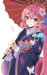  akagi_kurage animal_on_shoulder black_kimono blush chameleon closed_mouth commentary_request female flower hair_between_eyes hair_flower hair_ornament heart heart_hair_ornament highres holding holding_umbrella japanese_clothes kimono long_hair long_sleeves looking_at_viewer neneka_(new_year)_(princess_connect!) neneka_(princess_connect!) obi oil-paper_umbrella pink_hair pointy_ears ponytail princess_connect! red_eyes red_umbrella sash smile solo split_mouth umbrella very_long_hair white_flower wide_sleeves 