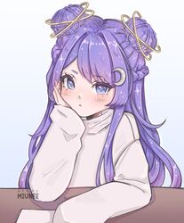  blue_eyes blush crescent crescent_hair_ornament double_halo female hair_ornament halo hand_on_own_cheek hand_on_own_face head_rest highres indie_virtual_youtuber jelly_doughnut_(vtuber) long_sleeves miunee pale_skin purple_hair sky sleeves_past_wrists solo star_(sky) starry_hair starry_sky starry_sky_print virtual_youtuber 