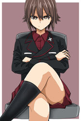  black_hat black_jacket black_socks brown_background brown_eyes brown_hair closed_mouth commentary crossed_arms crossed_legs dress_shirt female frown garrison_cap girls_und_panzer half-closed_eyes hat highres insignia jacket kuromorimine_military_uniform long_sleeves looking_at_viewer military military_hat military_uniform miniskirt natsume_mina nishizumi_maho outside_border pleated_skirt red_shirt red_skirt shirt short_hair sitting skirt socks solo uniform wing_collar 