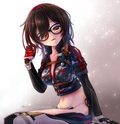  android black-framed_eyewear black_jacket blush breasts brown_hair camouflage camouflage_jacket cleavage commentary female glasses groin hair_between_eyes hair_over_one_eye highres hololive jacket looking_at_viewer mechanical_arms mechanical_legs mihanada_kanata navel open_mouth roboco-san roboco-san_(1st_costume) seiza short_hair single_mechanical_arm sitting smile solo thighs twitter_username virtual_youtuber yellow_eyes zipper 