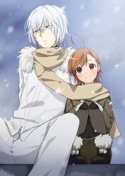  1boy accelerator_(toaru_majutsu_no_index) ahoge boots brown_eyes brown_hair brown_scarf coat commentary female frown fur-trimmed_boots fur-trimmed_sleeves fur_collar fur_trim grey_coat hair_between_eyes hands_on_own_knees highres last_order_(toaru_majutsu_no_index) long_sleeves looking_up mittens nyanmaru_(ememing) pants pantyhose red_eyes scarf shared_clothes shared_scarf short_hair sitting smile snowing toaru_majutsu_no_index white_coat white_hair white_pants winter_clothes 