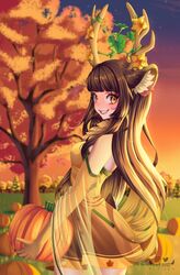  alternate_eye_color alternate_hair_color animal_ear_fluff animal_ears antlers ark_evil02 autumn autumn_leaves bad_id bad_twitter_id blush brown_eyes brown_hair commission detached_sleeves dress elbow_gloves english_commentary female flower food gloves haruka_karibu highres holding holding_food holding_pumpkin holding_vegetable horns indie_virtual_youtuber long_hair looking_at_viewer moose_antlers moose_ears moose_girl outdoors parted_lips pumpkin sky smile solo vegetable very_long_hair virtual_youtuber watermark yellow_dress yellow_flower yellow_gloves 