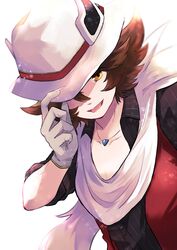  1boy :d alternate_color black_shirt brown_eyes brown_hair buttons collared_shirt fangs gloves grey_gloves hand_on_headwear hand_up hat highres hilbert_(fall_2020)_(pokemon) hilbert_(pokemon) jewelry male_focus necklace official_alternate_costume open_clothes open_mouth open_vest pokemon pokemon_masters_ex red_vest scarf shirt simple_background smile solo tarai_(yamadarairai) tongue upper_body vest white_background white_hat white_scarf 