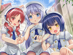  3girls :d ahoge beret blue_eyes blue_hair blue_necktie blurry blurry_background blush building chimame-tai commentary_request day depth_of_field fingernails gochuumon_wa_usagi_desu_ka? hair_ornament hair_scrunchie hand_up hat highres jouga_maya kafuu_chino kafuu_chino&#039;s_school_uniform long_hair low_twintails multiple_girls natsu_megumi necktie niiya open_mouth outdoors parted_bangs puffy_short_sleeves puffy_sleeves red_eyes red_hair revision sailor_collar school_uniform scrunchie shirt short_necktie short_sleeves skirt smile squatting town twintails very_long_hair white_headwear white_sailor_collar white_scrunchie white_shirt white_skirt x_hair_ornament yellow_eyes 