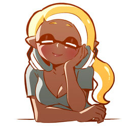  blonde_hair breasts cleavage closed_eyes commentary english_commentary female head_rest headphones inkling inkling_girl inkling_player_character mature_female medium_breasts mike_inel multicolored_hair pointy_ears shirt smile solo splatoon_(series) t-shirt tentacle_hair two-tone_hair upper_body white_hair 