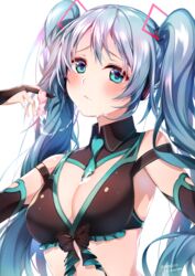  aqua_necktie bad_id bad_pixiv_id black_bow black_bra black_sleeves blue_eyes blue_hair blush bow bra breasts cleavage closed_mouth condom cum cum_string detached_collar detached_sleeves facial female front-tie_bra hair_between_eyes hatsune_miku headphones highres long_hair long_sleeves medium_breasts necktie short_necktie simple_background solo twintails underwear upper_body very_long_hair vocaloid white_background wing_collar yeooudam 