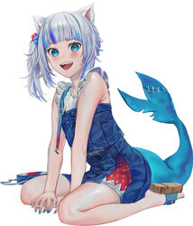  :d animal_ears artofkuzu bag bare_arms bare_legs between_legs blue_eyes blue_hair blue_nails blue_skirt blush cat_ears commentary english_commentary female fins fish_tail full_body gawr_gura gawr_gura_(casual) grey_hair hand_between_legs highres hololive hololive_english looking_at_viewer multicolored_hair nail_polish sandals shark_girl shark_tail sharp_teeth side_ponytail simple_background skirt smile solo streaked_hair tail teeth upper_teeth_only virtual_youtuber white_background 