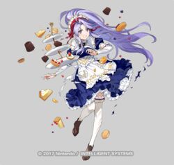  apron blue_dress brown_footwear cake canele cheesecake clenched_teeth commentary_request cookie dress female fire_emblem fire_emblem:_genealogy_of_the_holy_war fire_emblem_heroes food full_body grey_background hair_ribbon long_hair maid maid_headdress official_alternate_costume official_art pantyhose petticoat ponytail puffy_short_sleeves puffy_sleeves purple_eyes purple_hair red_ribbon ribbon shoes short_sleeves simple_background solo standing tailtiu_(fire_emblem) tailtiu_(tea_party)_(fire_emblem) tart_(food) teeth tiered_tray torn_clothes torn_dress tray urata_asao very_long_hair white_apron white_pantyhose 