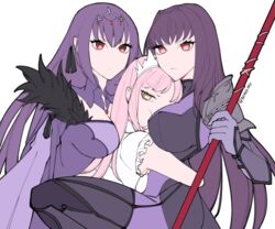  3girls bad_id bad_twitter_id between_breasts bodysuit breasts closed_mouth commentary english_commentary fate/grand_order fate_(series) frown girl_sandwich head_between_breasts headpiece holding holding_polearm holding_weapon hug kyou_(ningiou) long_hair looking_at_viewer medb_(fate) multiple_girls pink_hair polearm pout purple_hair red_eyes sandwiched scathach_(fate) scathach_skadi_(fate) simple_background spear tiara weapon white_background yellow_eyes yuri 