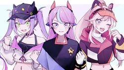  3girls :3 ^_(y0ll_) bad_id bad_twitter_id baseball_cap black_headwear black_jacket blush clenched_hand clenched_hands collarbone crazy_raccoon cropped_jacket demon_horns earrings gloves green_eyes hair_behind_ear hat headphones hololive horns jacket jewelry komori_met komori_met_(2nd_costume) long_hair looking_at_viewer multiple_girls nanashi_inc. navel navel_piercing oerba_yun_fang off_shoulder one_eye_closed piercing planet_earrings pointy_ears ponytail purple_hair selly55 sleeveless sleeveless_sweater smile sweater tokoyami_towa tokoyami_towa_(1st_costume) twintails v_ap_art virtual_youtuber visor_cap white_gloves white_jacket white_sweater 