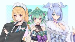  3girls black_kimono blue_eyes breasts brown_eyes cleavage cleavage_cutout clothing_cutout collarbone double_bun elira_pendora elira_pendora_(2nd_costume) eyebrows_hidden_by_hair finana_ryugu finana_ryugu_(2nd_costume) fins fish_girl fur_trim g9_(jiiku) green_nails grey_kimono hair_behind_ear hair_bun hair_over_one_eye halterneck head_fins head_wings japanese_clothes kimono large_breasts lazulight maid maid_headdress medium_breasts multiple_girls nijisanji nijisanji_en off_shoulder official_alternate_costume one_eye_covered open_hands pointy_ears pomu_rainpuff pomu_rainpuff_(2nd_costume) purple_eyes smile tiara twintails virtual_youtuber wa_maid wings 