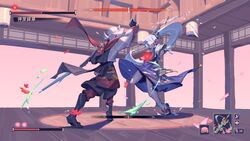  &quot;snow_on_the_hearth&quot;_(genshin_impact) 1boy arm_up armor boss_fight closed_eyes duel english_commentary female floral_print fortisselle gameplay_mechanics genshin_impact grey_hair health_bar highres holding holding_sword holding_weapon indoors japanese_armor japanese_clothes kaedehara_kazuha kamisato_ayaka leaf leaf_print multicolored_hair parody ponytail primordial_jade_cutter_(genshin_impact) red_hair sekiro:_shadows_die_twice sidelocks streaked_hair sword vision_(genshin_impact) weapon white_hair 