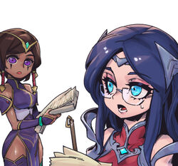  2girls bare_shoulders bespectacled brown_hair commentary dark-skinned_female dark_skin dress gem glasses irelia karma_(league_of_legends) league_of_legends long_hair lower_teeth_only multiple_girls open_mouth parted_hair phantom_ix_row purple_dress purple_eyes purple_hair purple_thighhighs shiny_skin short_hair simple_background symbol-only_commentary teeth thighhighs white_background 