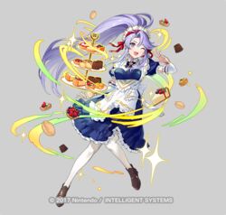  ;d apron blue_dress brown_footwear cake canele cheesecake commentary_request cookie dress female fire_emblem fire_emblem:_genealogy_of_the_holy_war fire_emblem_heroes food full_body grey_background hair_ribbon hand_up long_hair maid maid_headdress official_alternate_costume official_art one_eye_closed open_mouth pantyhose petticoat ponytail puffy_short_sleeves puffy_sleeves purple_eyes purple_hair red_ribbon ribbon shoes short_sleeves simple_background smile solo tailtiu_(fire_emblem) tailtiu_(tea_party)_(fire_emblem) tart_(food) tiered_tray tray urata_asao very_long_hair white_apron white_pantyhose 