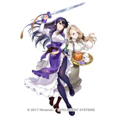  2girls apron arm_up asatani_tomoyo ayra_(fire_emblem) ayra_(tea_party)_(fire_emblem) black_footwear black_hair blonde_hair breasts brown_footwear brown_pantyhose commentary_request cup dress fire_emblem fire_emblem:_genealogy_of_the_holy_war fire_emblem:_three_houses fire_emblem_heroes flower frilled_apron frills full_body grey_apron head_tilt holding holding_sword holding_teapot holding_tray holding_weapon juliet_sleeves loafers long_hair long_sleeves maid maid_headdress medium_breasts mercedes_von_martritz mercedes_von_martritz_(tea_party) multiple_girls official_alternate_costume official_art pantyhose puffy_sleeves purple_apron purple_eyes purple_flower purple_pantyhose purple_rose rose shoes simple_background smile standing sword teacup teapot tray very_long_hair waist_apron weapon white_background white_dress 