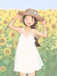  :d adjusting_clothes adjusting_headwear afunai armpits bow braid brown_hair closed_eyes cowboy_shot dress female field flower flower_field hairbow hat hat_bow head_tilt highres long_hair one-piece_tan open_mouth original outdoors see-through_silhouette silhouette single_braid smile solo standing straw_hat sun_hat sundress sunflower sunflower_field tan tanlines white_bow white_dress 