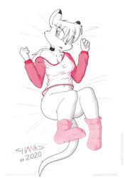  anthro bed bottomless breasts clothed clothing fashion female footwear fur furniture kangaroo lying macropod mammal marsupial mia_(tira_shanks) navel no_underwear shy socks solo sweater sweatshirt tirashanks_(artist) topwear wallaby 