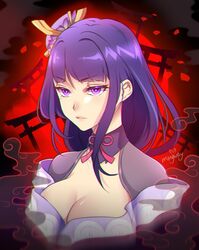  artist_name breasts cleavage closed_mouth cloud commentary english_commentary eyeliner falling_petals female flower genshin_impact highres large_breasts long_hair makeup mingway mole mole_under_eye petals purple_eyes purple_flower purple_hair raiden_shogun ribbon shiny_skin solo torii 