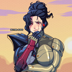  artist_name black_hair breasts butter_sugoi commentary cyborg eyes_visible_through_hair female genderswap_(mtf) highres large_breasts metal_gear_(series) metal_gear_rising:_revengeance ponytail red_eyes rule_63 samuel_rodrigues scar scar_across_eye smile solo upper_body 