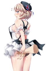  1boy ass ass_grab azur_lane bare_shoulders beret black_bow black_headwear black_panties blue_eyes bow breasts disembodied_hand female frilled_skirt frills hat light_brown_hair looking_at_viewer looking_back medium_breasts official_alternate_costume panties sideboob simple_background skirt straight underwear white_background white_skirt yyi z23_(azur_lane) z23_(the_eyecatch_in_the_rye?)_(azur_lane) 