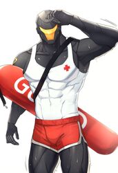  bodily_fluids bottomwear clothed clothing cybernetics cyborg hi_res howondubu0908 humanoid lifeguard looking_at_viewer machine male muscular muscular_male robot shirt shorts solo sweat sweaty_legs sweaty_thighs swimwear tank_top topwear 